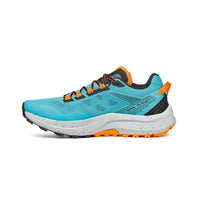 Spin Planet trail running shoes from Scarpa in Azure blue, black, white, with an orange trim