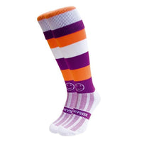 Yowser WackySox consist of equal width orange, purple and white hoops and have a white Wacky face logo on the front of the ankle.