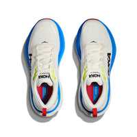 A pair of HOKA Bondi 8 running shoes in Blanc De Blanc/Virtual Blue.