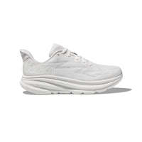 A HOKA Clifton 9 women's running shoe in white.