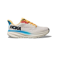 A HOKA Clifton 9 women's running shoe in Blanc De Blanc/Swim Day.