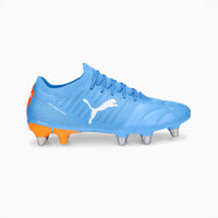 PUMA Avant Pro rugby boots in blue with orange heel and white flashes