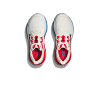 A pair of HOKA Skyward X running shoes in Blanc De Blanc/Virtual Blue.