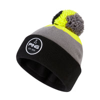 PING Erskine Bobble hat in black, grey and yellow.