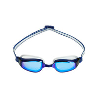 Aquasphere fastlane swim goggles in white/blue with mirrored black lenses.