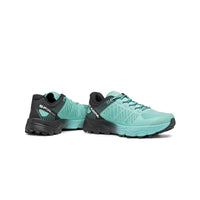 Spin Ultra women's trail running shoes from Scarpa. Aruba blue & black in colour back and side