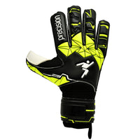 PrecisionGK Fusion X Flat Cut Finger Protect GK Gloves in black and yellow.
