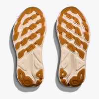 A HOKA Clifton 9 women's running shoe in sandstone/gold.