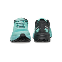 Spin Ultra women's trail running shoes from Scarpa. Aruba blue & black in colour back and front