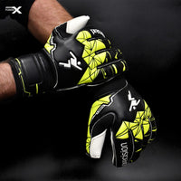 PrecisionGK Fusion X Flat Cut Finger Protect GK Gloves in black and yellow.