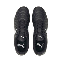 Avant PUMA rugby boots in black and white made from soft synthetic leather. Image of the top of both boots
