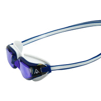 Aquasphere fastlane swim goggles in white/blue with mirrored black lenses.