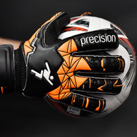 Precision GK Fusion X Roll Finger Protect Goalkeeper Gloves in black and orange.
