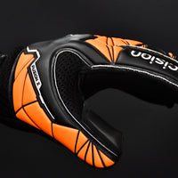 Precision GK Fusion X Roll Finger Protect Goalkeeper Gloves in black and orange.
