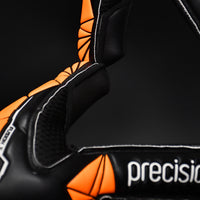 Precision GK Junior Fusion X Roll Finger Protect GK Gloves in black and orange.