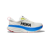 A HOKA Bondi 8 running shoe in Blanc De Blanc/Virtual Blue.