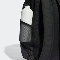 adidas backpack from the Tiro range in black with white details side bottle holder