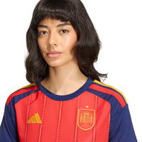 Woman Wearing Spain '26 Home Football Shirt Women's (front, close up)