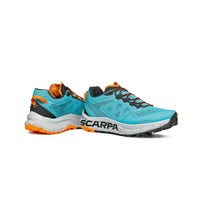 Spin Planet trail running shoes from Scarpa in Azure blue, black, white, with an orange trim