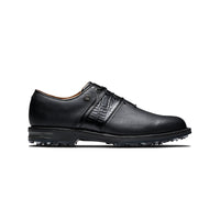 A right hand side view of the FootJoy Premier Series Packard wide golf shoe in black.