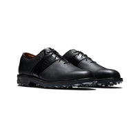 A pair of black FootJoy premiere series golf shoes.