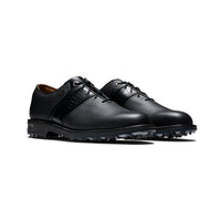 A front right view of a pair of FootJoy Premier Series Packard wide golf shoes in black.