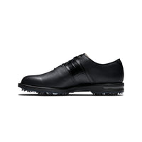 The right side of a black FootJoy premiere series packard golf shoe.