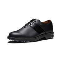 A front left view of the FootJoy Premier Series Packard wide golf shoe in black.
