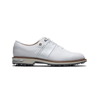 The right side of a FootJoy Premiere Series Packard golf shoe in white.