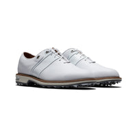 A pair of white FootJoy Premiere Series Packard golf shoes.