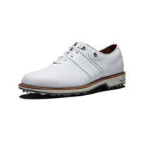 A front right view of a white FootJoy Premiere Series Packard golf shoe.