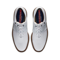 A pair of white FootJoy Premiere golf shoes from above.
