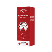 A 3 pack of Callaway Chrome soft Truvis golf balls in white and red.