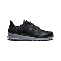 The right side of FootJoy Stratos black golf shoes.
