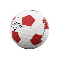 A Callaway Chrome Soft 22 Truvis golf ball in red and white.