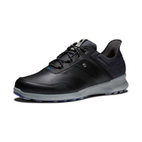 A FootJoy Stratos black golf shoe from the front.