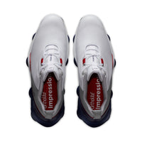 A pair of FootJoy tour alpha golf shoes from the top.