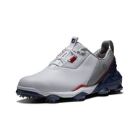 The front left of a FootJoy tour alpha golf shoe in white, grey and navy.