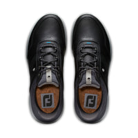 A top down view of black FootJoy Stratos black golf shoes.