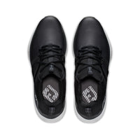 A pair of black FootJoy hyperflex golf shoes from the top.