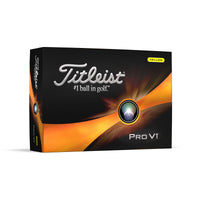 The packaging for the Titleist Pro V1 2023 Golf Balls in yellow.