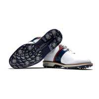 One FootJoy Premiere Series Packard golf shoe ontop of another.