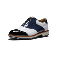 A FootJoy white/navy golf shoe from the front left.