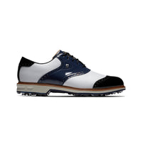 A right hand side view of FootJoy golf shoes in navy/white.