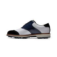 A left hand side view of a FootJoy Premiere Series wilcox golf shoe in white/navy.
